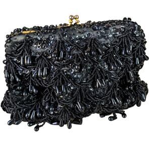 Vintage Richere beaded black clutch handbag hinge closure